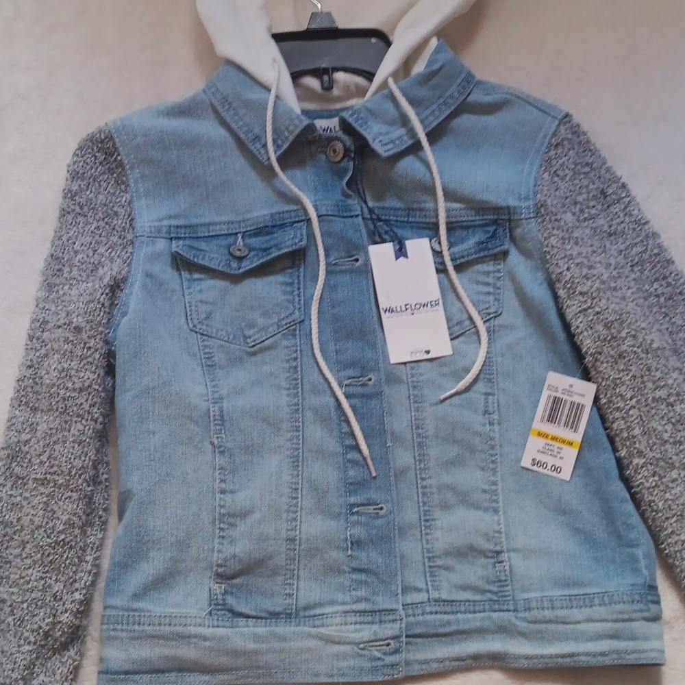 WallFlower button up hoodie, denim jacket with hood, polyester sleeves and hood